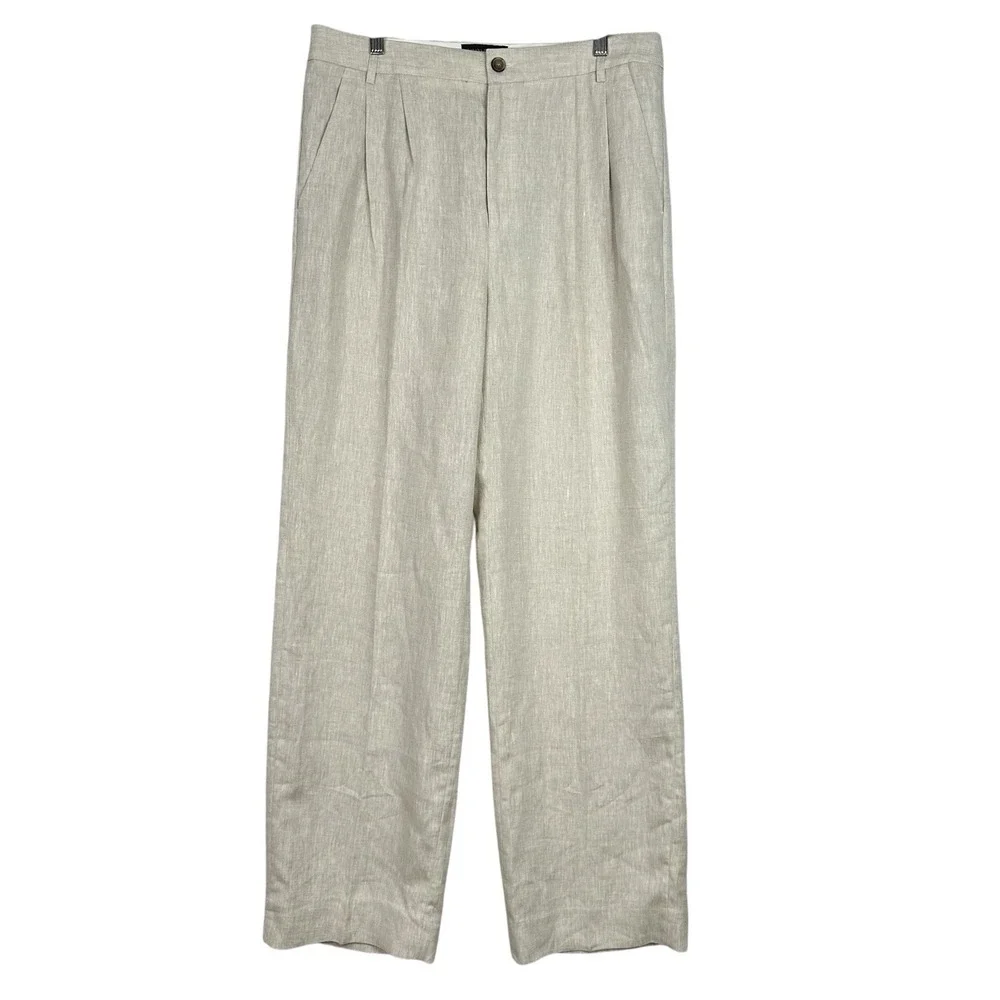 Banana Republic 100% Linen Pleated Wide Leg Pants Women's Natural Beige 12 Long